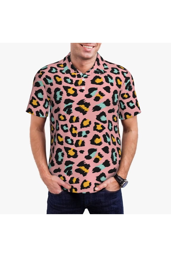 Leopard Print Men's Short Sleeve Polo Shirt,Midweight Men's Shirt