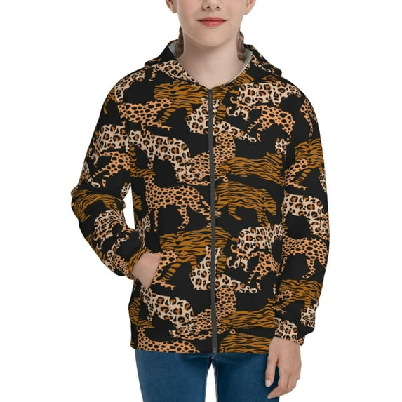 Kdxio Leopard Print Pattern Kids Boys Girls Zip Up Hoodie 3D Printed Hooded Sweatshirt Hoody Coat with Pocket 7-12 Y-Medium