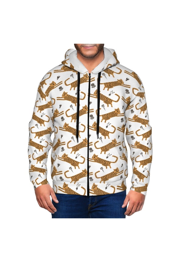Leopard Print Print Men Hoodies Casual Hoodies for Men with Zip Pockets Full Zip Long Sleeve Sweatshirt Sports Hooded Jacket-Large