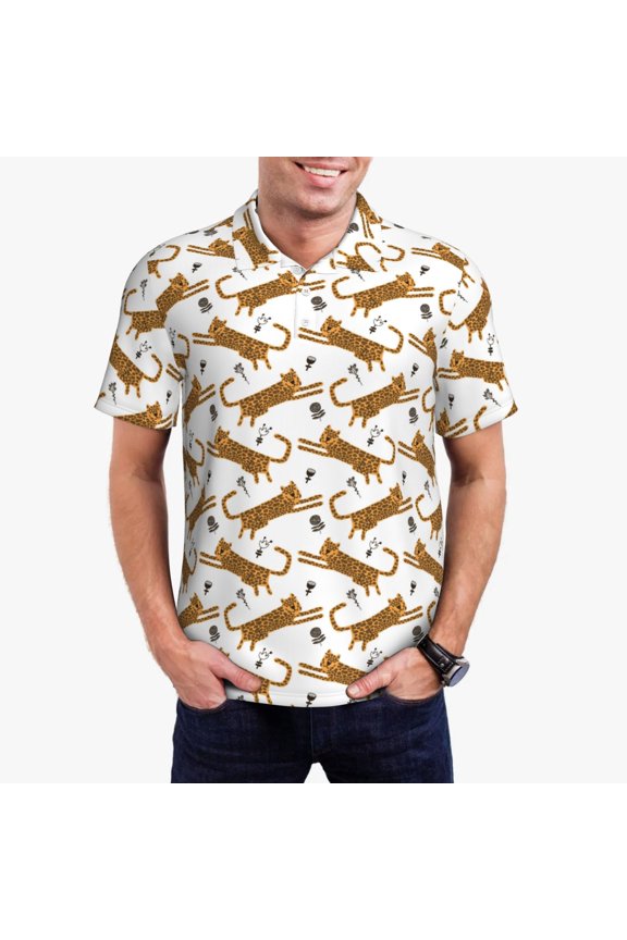 Leopard Print Print Men's Short Sleeve Polo Shirt,Midweight Men's Shirt