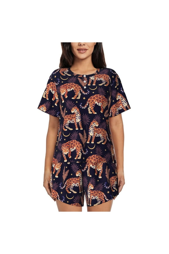 Leopard Print Print Pajamas Sets for Women Short-Sleeved Pjs with Lounge Shorts Two Piece Sleepwear S-4XL
