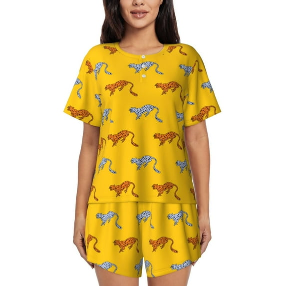 Kdxio Leopard Print Print Pajamas Sets for Women Short-Sleeved Pjs with Lounge Shorts Two Piece Sleepwear S-4XL