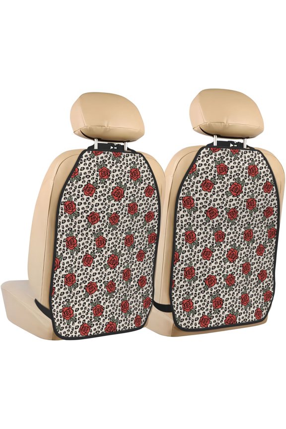 Leopard Print Rose Print 2 Pack Car Kick Mat Seat Cover Back Protector Mat with Pockets for Organizer Backseat Protector and Storage Anti Kick Pad for Vehicles