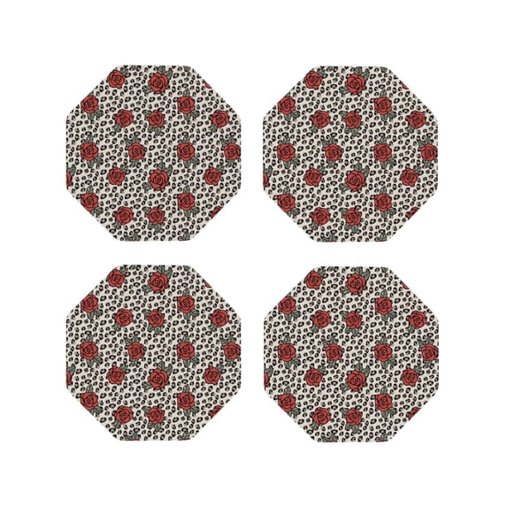 Kdxio Leopard Print Rose Funny Coasters,4 Pcs Leather Coasters,Housewarming Gifts,Protect Furniture from Water Marks Scratch and Damage