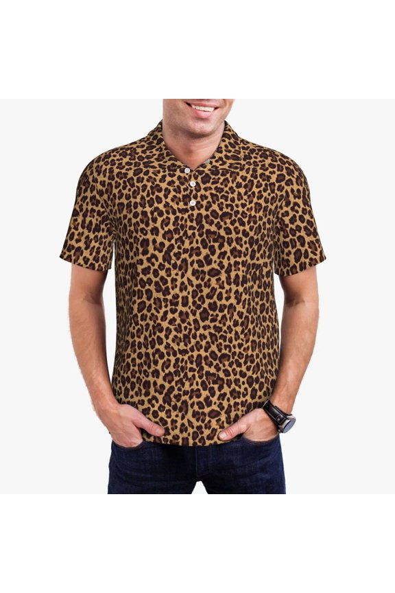 Leopard Printed Print Men's Short Sleeve Polo Shirt,Midweight Men's Shirt