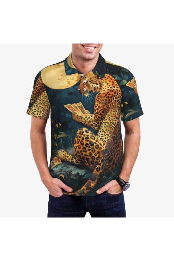 Leopard Reading Tarot Cards Print Men's Short Sleeve Polo Shirt,Midweight Men's Shirt-Large