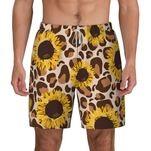 Kdxio Leopard Sunflowers Print Men'S Swim Trunks With Compression Liner 7 Inch Inseam Quick Dry Swim Shorts