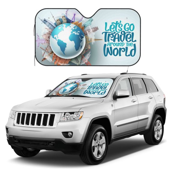 Kdxio Let's go Travel Around the World Print Windshield Sun Shade, Foldable Sun Blocker for Car,Truck,SUV Automotive Interior Sun Protection,Reflective Shade for Front Windshield(Small)