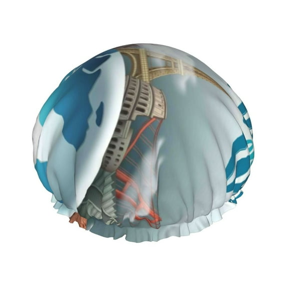 Kdxio Let's go Travel Around the World Print Shower Cap for Women,Elastic and Reusable,Double Waterproof Layers Bathing Hat