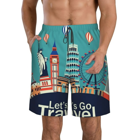 Kdxio Let's go Travel Pattern Mens Casual Shorts - Drawstring Summer Beach Sports Shorts for Men
