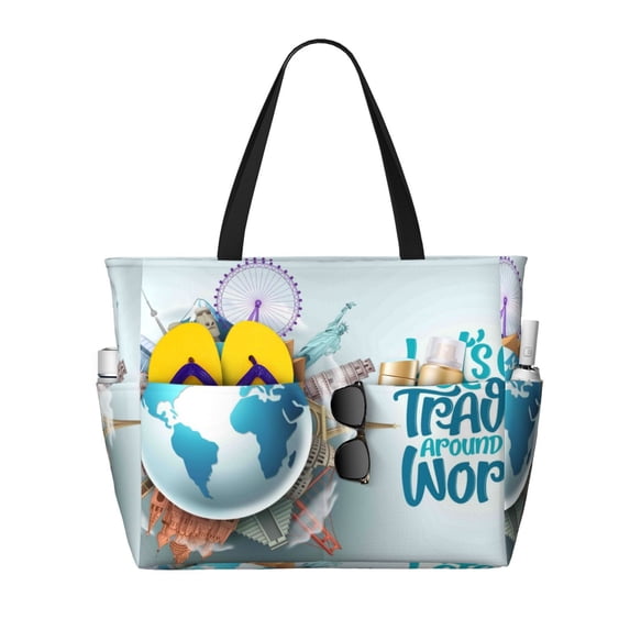 Kdxio Let's go Travel for Beach Bag for Women Large Beach Tote Bag Waterproof Sandproof Swim Bag with Zipper Pockets Beach Vacation Travel