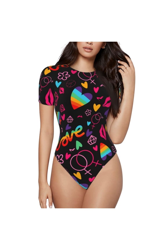 Lgbt Rainbow For Pride for Women's Short-Sleeved Onesie Stylish Round Neck Pajamas Bodysuit Jumpsuit Nightwear-X-Large