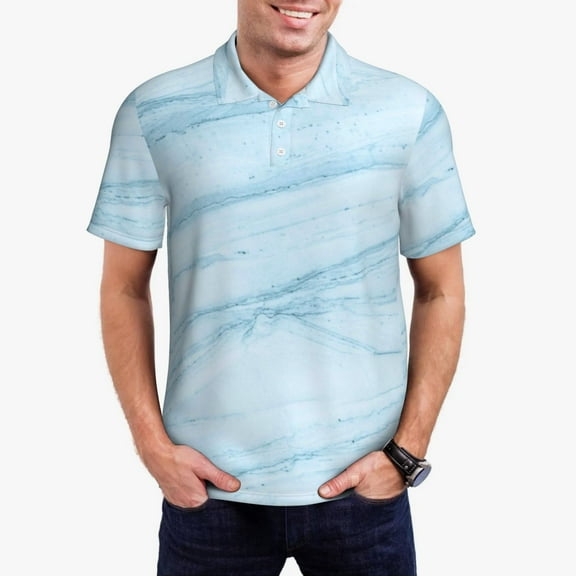 Kdxio Light Blue Marble Print Men's Short Sleeve Polo Shirt,Midweight Men's Shirt