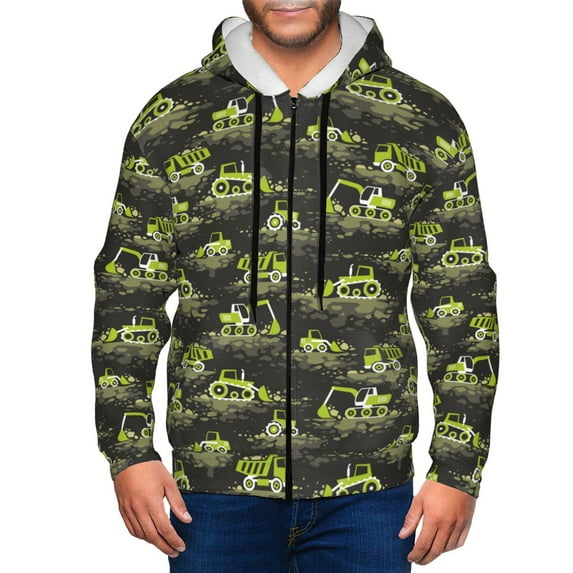 Kdxio Light Green Excavator Print Men Hoodies Casual Hoodies for Men with Zip Pockets Full Zip Long Sleeve Sweatshirt Sports Hooded Jacket-3X-Large