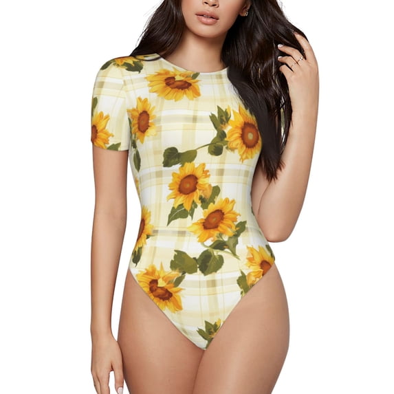 Kdxio Light Green Plaid Sunflower for Women's Short-Sleeved Onesie Stylish Round Neck Pajamas Bodysuit Jumpsuit Nightwear-Medium