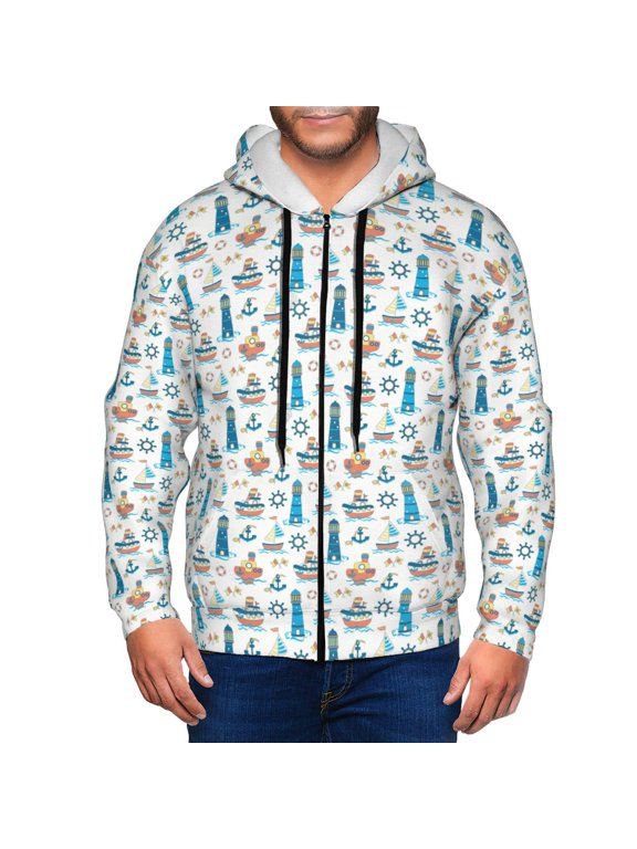 Lighthouse And Sea Print Men Hoodies Casual Hoodies for Men with Zip Pockets Full Zip Long Sleeve Sweatshirt Sports Hooded Jacket-Small