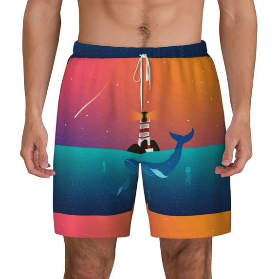 Kdxio Lighthouse And Whale Print Men'S Swim Trunks With Compression Liner 7 Inch Inseam Quick Dry Swim Shorts