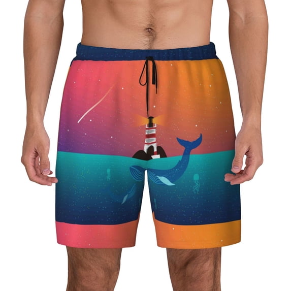 Kdxio Lighthouse And Whale Print Men'S Swim Trunks With Compression Liner 7 Inch Inseam Quick Dry Swim Shorts