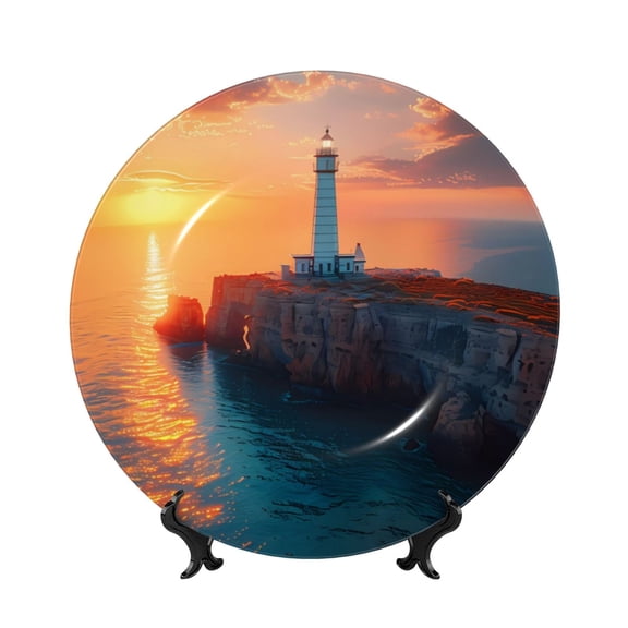 Kdxio Lighthouse At Sunset Coast Bone China Decorative Plate Ceramic Decorative Plate for Home Office Wall Stand Decorative Plates for Home Bedroom-7in