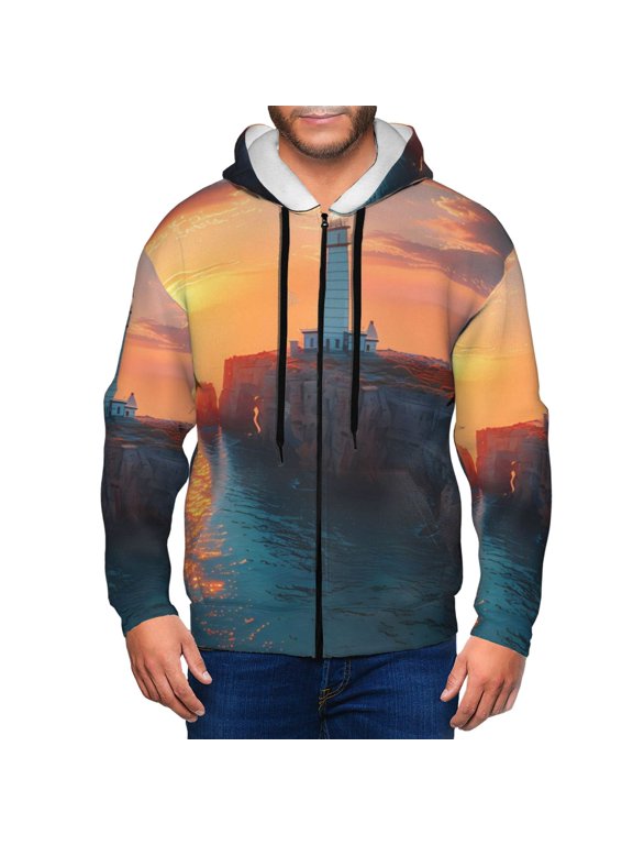 Lighthouse At Sunset Coast Print Men Hoodies Casual Hoodies for Men with Zip Pockets Full Zip Long Sleeve Sweatshirt Sports Hooded Jacket-Small