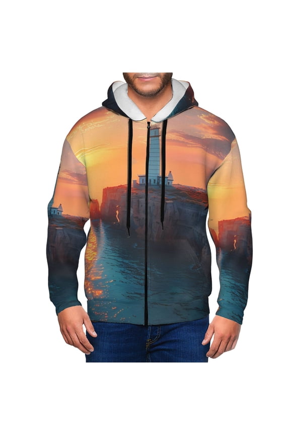 Lighthouse At Sunset Coast Print Men Hoodies Casual Hoodies for Men with Zip Pockets Full Zip Long Sleeve Sweatshirt Sports Hooded Jacket-Small