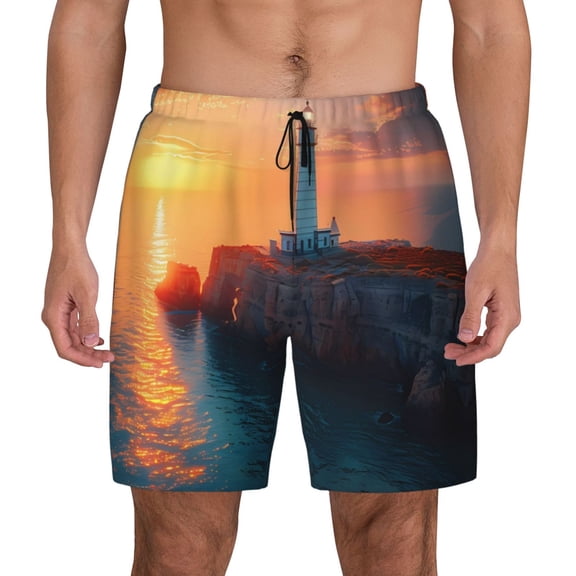 Kdxio Lighthouse At Sunset Coast Print Men's Swim Trunks with Compression Liner 7 Inch Inseam Quick Dry Swim Shorts