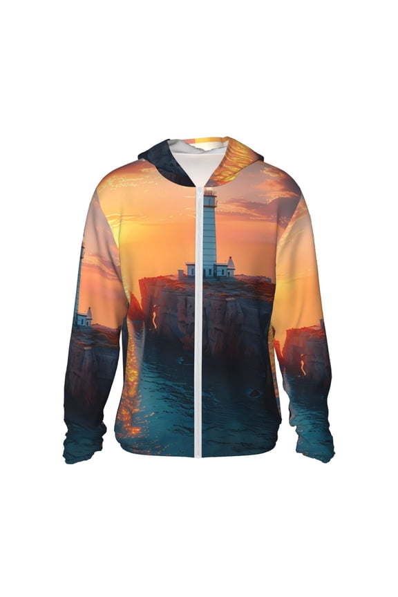 Lighthouse At Sunset Coast Print Women Men Sun Protection UPF 50+ Jackets Zip Up Long Sleeve Hoodie Hiking Lightweight with Pockets