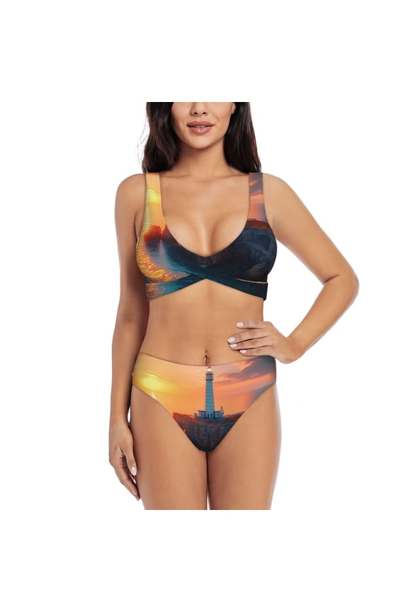 Lighthouse At Sunset Coast Print Women's 2 Piece High Waisted Wrap Spaghetti Strap Summer Swimsuit Bikini Set-Small