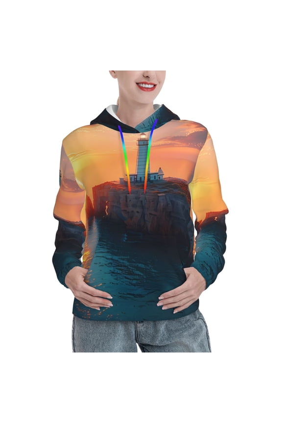 Lighthouse At Sunset Coast Print Womens Oversized Hoodies Sweatshirts Hooded Pullover Tops Sweaters Casual-Large