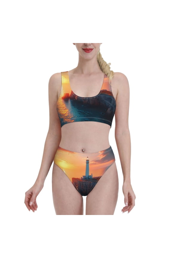 Lighthouse At Sunset Coast for Womens High Waisted Bikini Top Sports Style Two Piece Bathing Suits