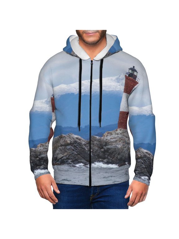 Lighthouse On The Waters Print Men Hoodies Casual Hoodies for Men with Zip Pockets Full Zip Long Sleeve Sweatshirt Sports Hooded Jacket-Large