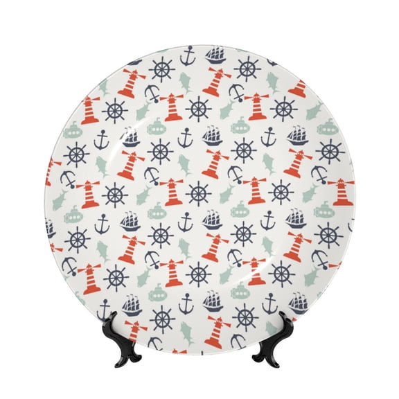 Kdxio Lighthouse Sailboat Bone China Decorative Plate Ceramic Decorative Plate for Home Office Wall Stand Decorative Plates for Home Bedroom-7in