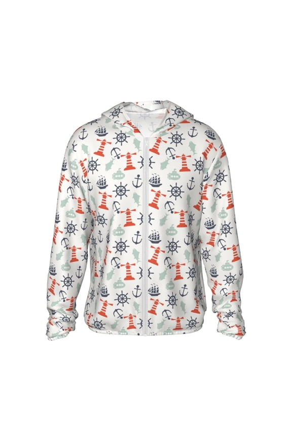 Lighthouse Sailboat Print Women Men Sun Protection UPF 50+ Jackets Zip Up Long Sleeve Hoodie Hiking Lightweight with Pockets