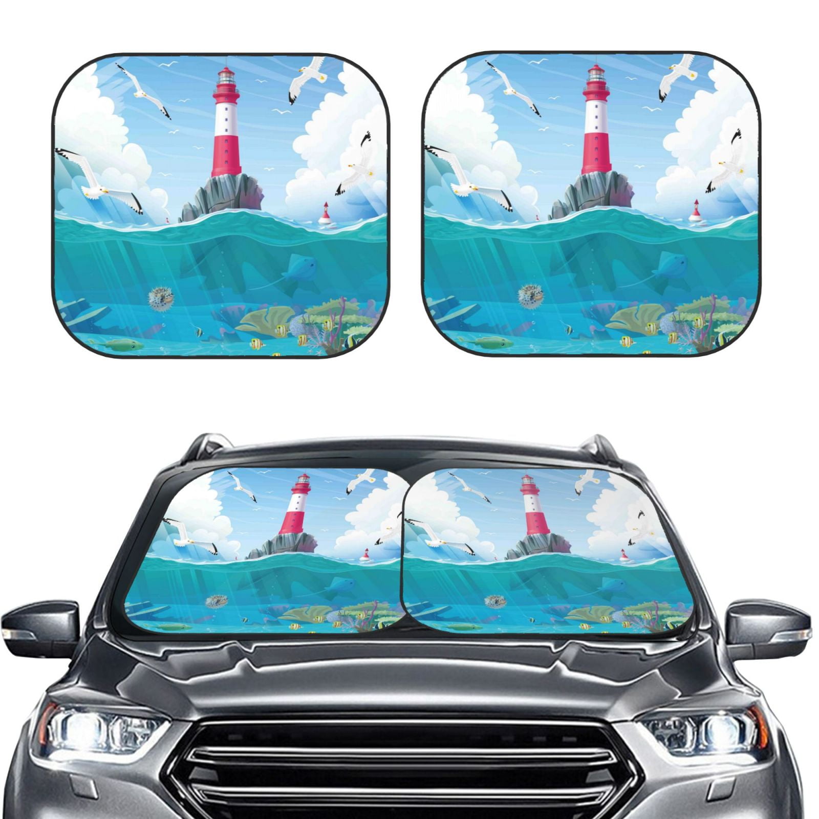 Kdxio Lighthouse Sea Port Print 2-Piece Sun Shade Front Windshield - Foldable Car Front Window ...