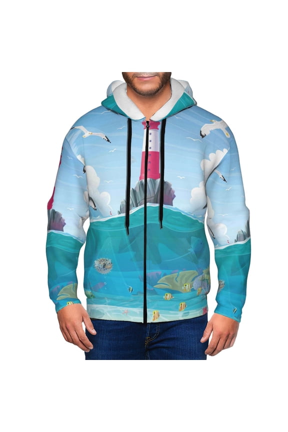 Lighthouse Sea Port Print Men Hoodies Casual Hoodies for Men with Zip Pockets Full Zip Long Sleeve Sweatshirt Sports Hooded Jacket-XX-Large