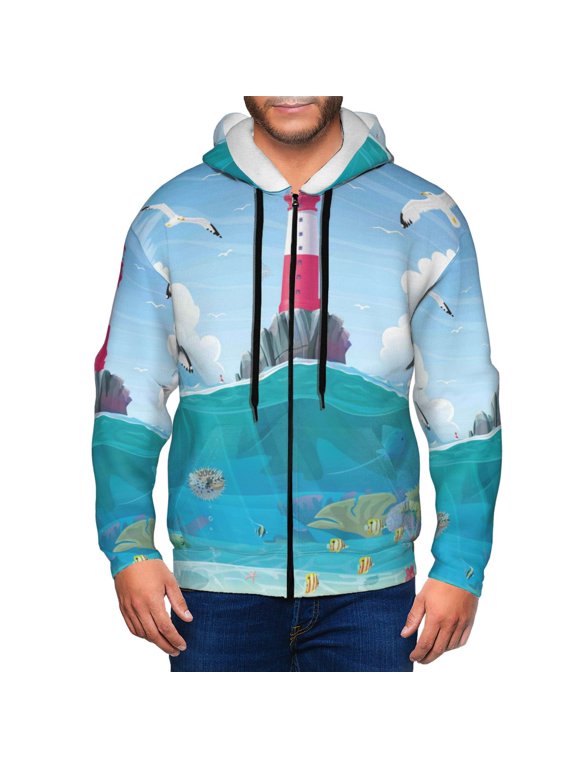 Lighthouse Sea Port Print Men Hoodies Casual Hoodies for Men with Zip Pockets Full Zip Long Sleeve Sweatshirt Sports Hooded Jacket-XX-Large