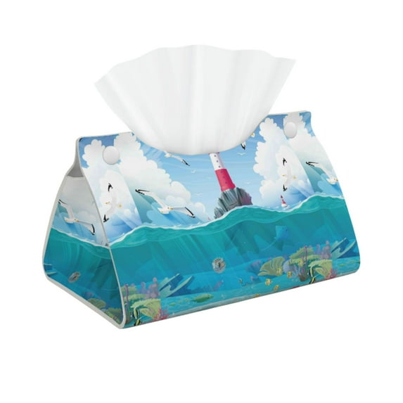 Kdxio Lighthouse Sea Port Print Tissue Box Cover,Modern PU Leather Rectangular Tissue Box Holder for Bathroom Living Room Bedroom Office Desk Car Home