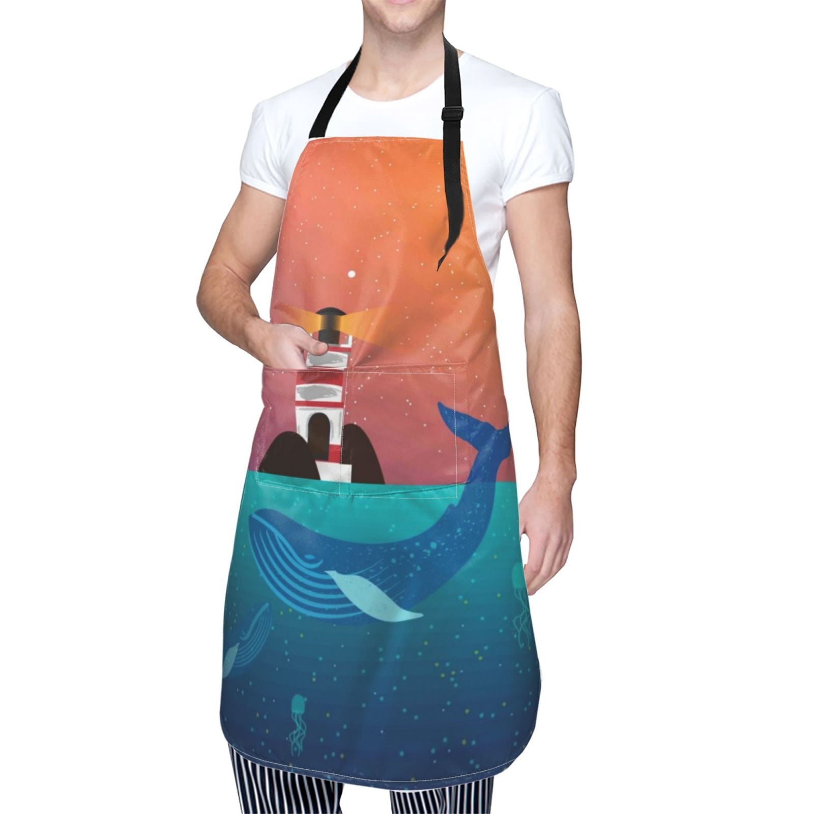 Kdxio Lighthouse and Whale Apron with Pockets Adjustable Kitchen Aprons for Men Women Waterproof Aprons for Cooking,Drawing,Crafting, Baking Household Cleaning