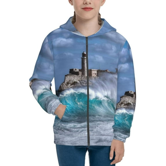 Kdxio Lighthouse in Havana Pattern Kids Boys Girls Zip Up Hoodie 3D Printed Hooded Sweatshirt Hoody Coat with Pocket 7-12 Y-Small