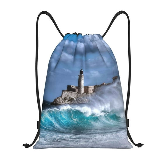 Kdxio Lighthouse in Havana Print Drawstring Backpack Bag,Waterproof Draw String Back Sack, Gym Drawstring Bags Swim Bag For Unisex