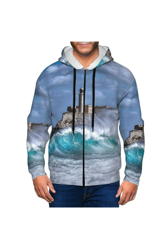 Lighthouse in Havana Print Men Hoodies Casual Hoodies for Men with Zip Pockets Full Zip Long Sleeve Sweatshirt Sports Hooded Jacket-Small