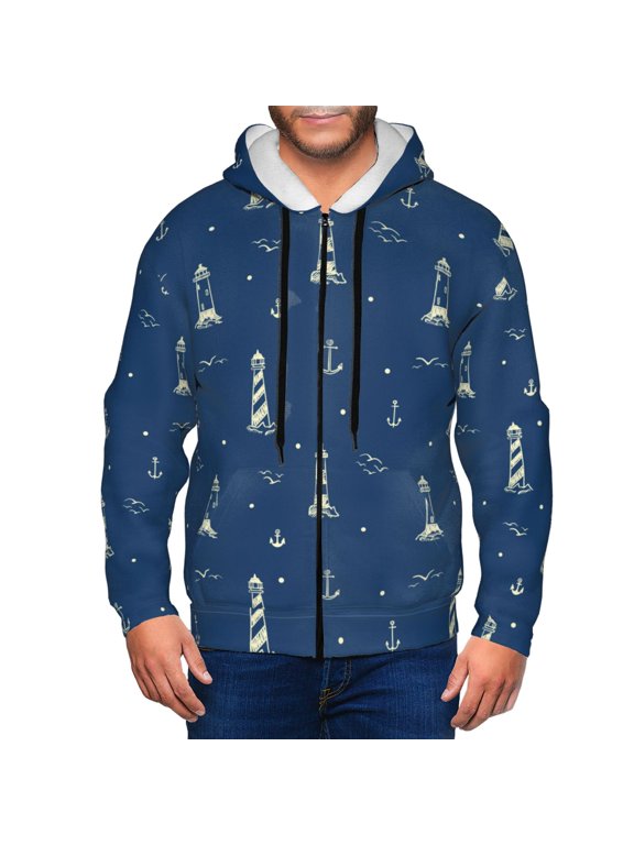 Lighthouses and Anchors Print Men Hoodies Casual Hoodies for Men with Zip Pockets Full Zip Long Sleeve Sweatshirt Sports Hooded Jacket-Large