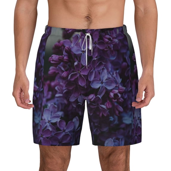 Kdxio Lilac Print Men'S Swim Trunks With Compression Liner 7 Inch Inseam Quick Dry Swim Shorts
