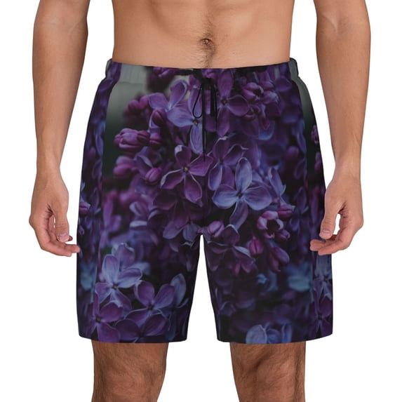 Kdxio Lilac Print Men'S Swim Trunks With Compression Liner 7 Inch Inseam Quick Dry Swim Shorts
