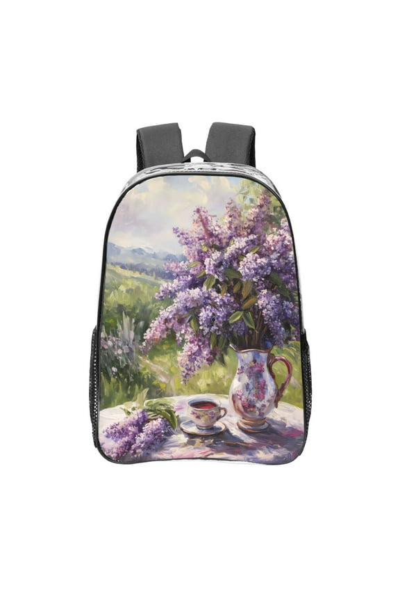 Lilacs Teapot Scenic Painting Clear Backpack, Transparent Bookbag for School for Women Men, Capacity Clear Bag for College, Travel