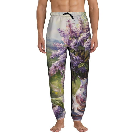 Kdxio Lilacs Teapot Scenic Painting Pattern Joggers,Sweatpants for Men with Pockets-Large