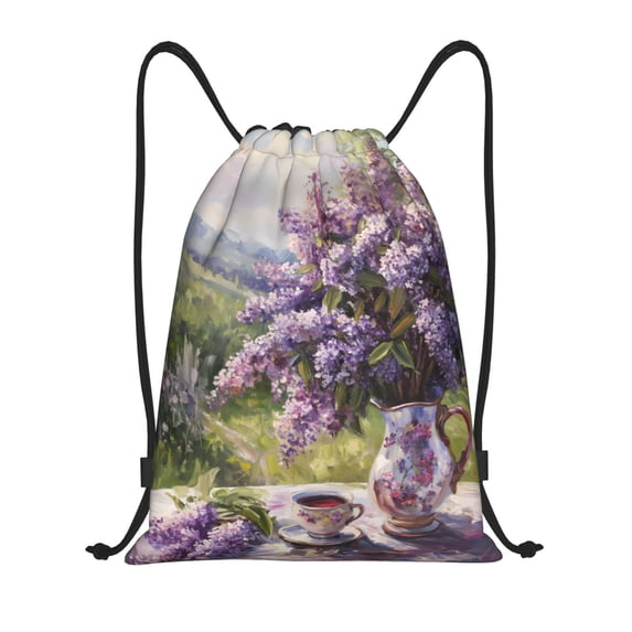 Kdxio Lilacs Teapot Scenic Painting Print Drawstring Backpack Bag,Waterproof Draw String Back Sack, Gym Drawstring Bags Swim Bag For Unisex