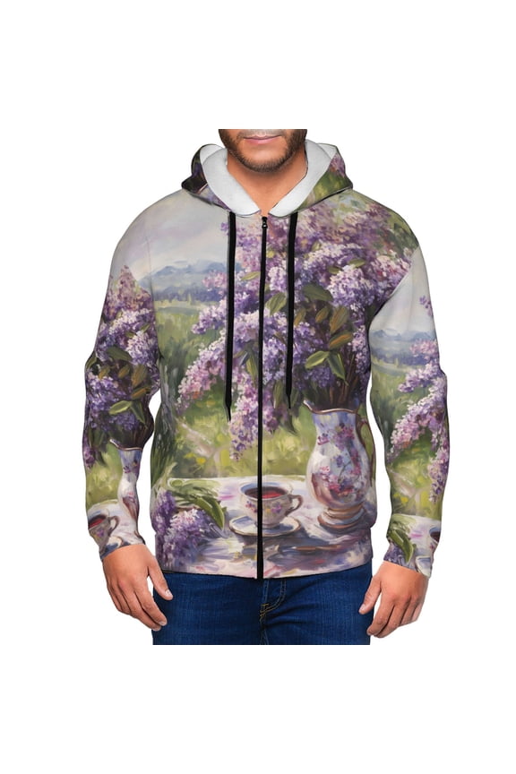 Lilacs Teapot Scenic Painting Print Men Hoodies Casual Hoodies for Men with Zip Pockets Full Zip Long Sleeve Sweatshirt Sports Hooded Jacket-Medium