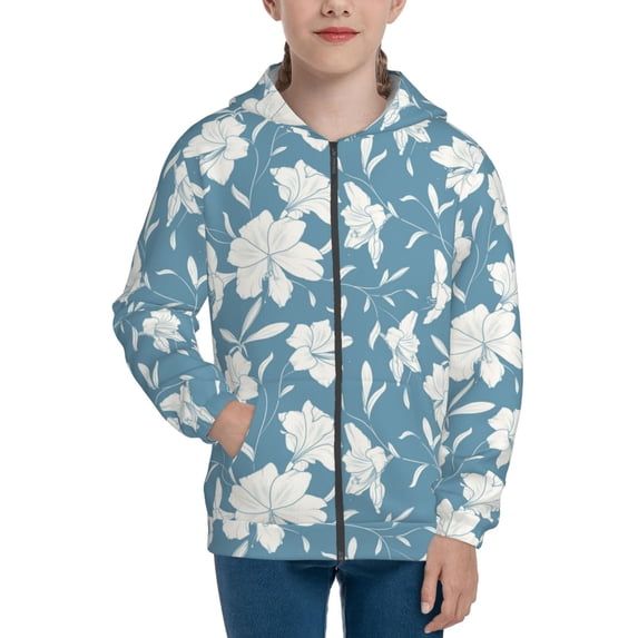 Kdxio Lilies Flowers Pattern Kids Boys Girls Zip Up Hoodie 3D Printed Hooded Sweatshirt Hoody Coat with Pocket 7-12 Y-Medium