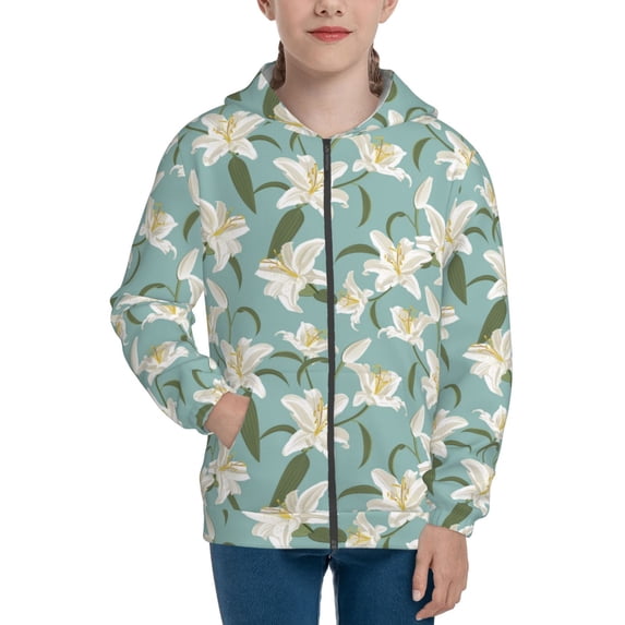 Kdxio Lilies Flowers Pattern Kids Boys Girls Zip Up Hoodie 3D Printed Hooded Sweatshirt Hoody Coat with Pocket 7-12 Y-Small